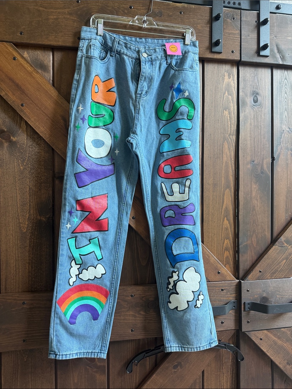 Dressed in LALA Light Blue Denim Jeans with Rainbow Lettering
